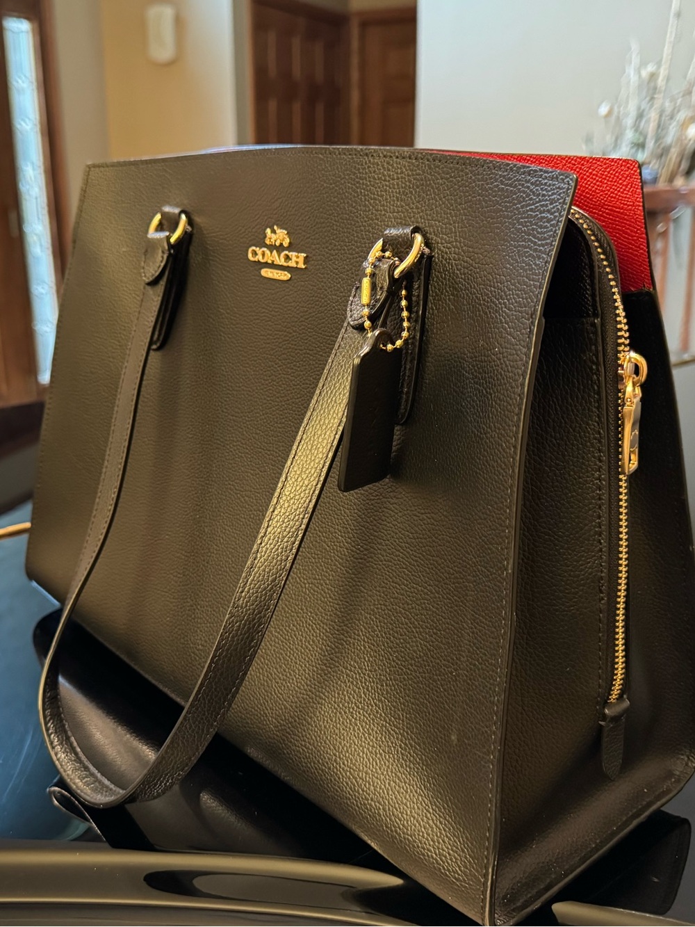 Coach Black Leather Tote with Red Interior Accent